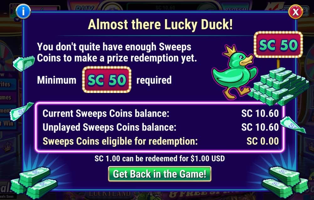 Luckyland Sweeps coin withdrawal