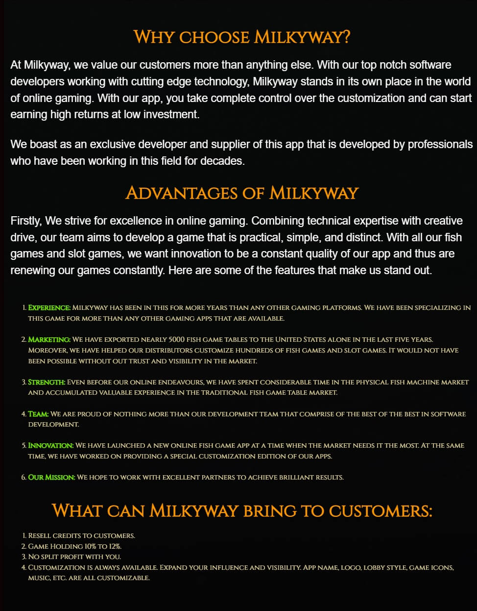 Milky Way Casino Key Selling Points