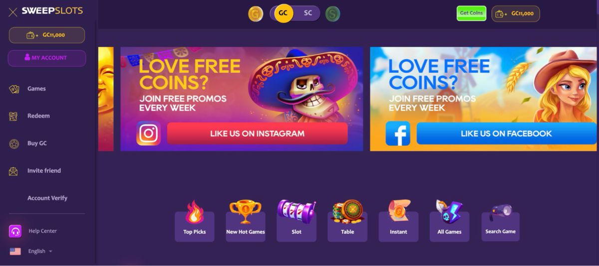 SweepSlots Casino homepage