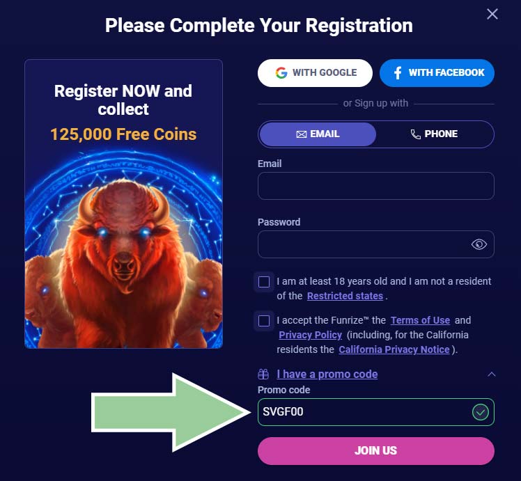 funrize casino promo code