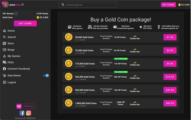 Pulsz Bingo coin packages