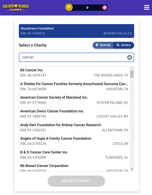 golden hearts games select a charity