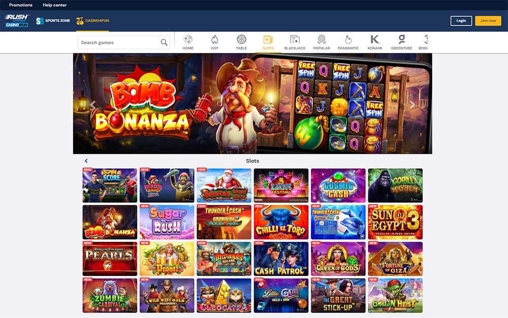 rush games new slots section