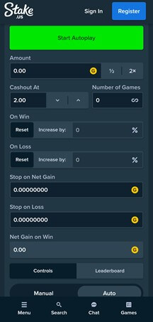 Stake.us Crash Menu