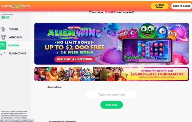 sunrise slots promo codes