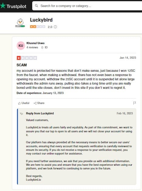 luckybird.io trustpilot negative user review