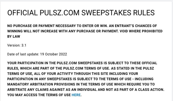 Official Pulsz Sweepstakes Rules