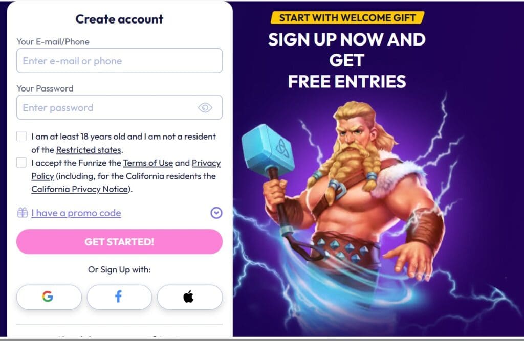 Funrize registration page
