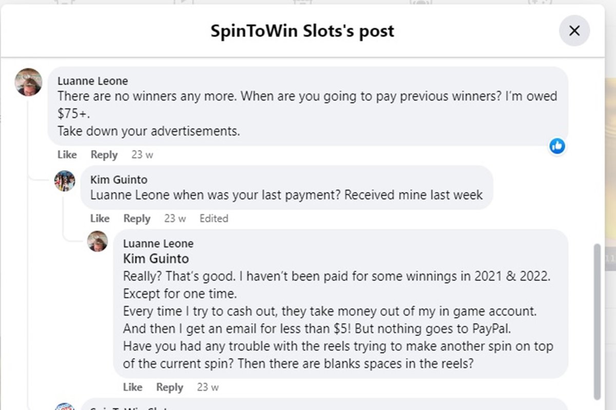 SpinToWin Slots & Sweepstakes Social Media Comments