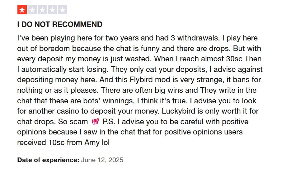 luckybird.io trustpilot negative user review