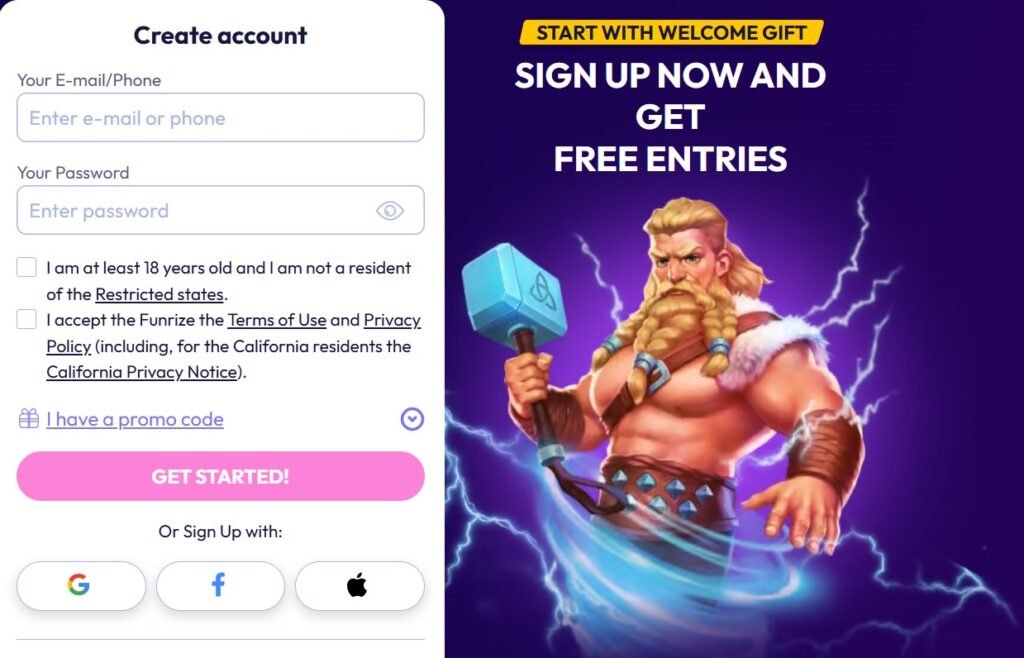 Funrize registration page