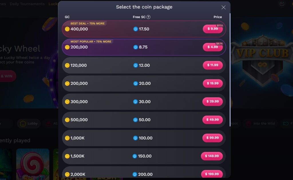 Nolimitcoins purchase packages