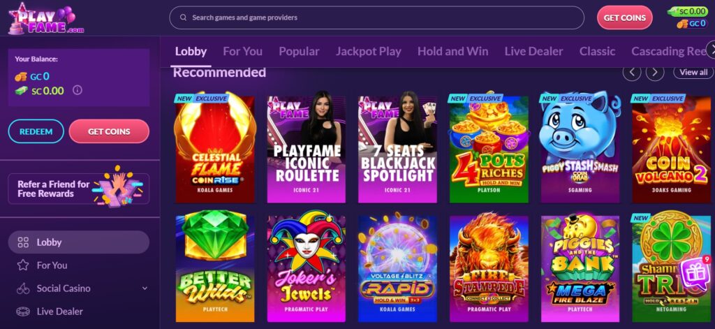 PlayFame Casino lobby
