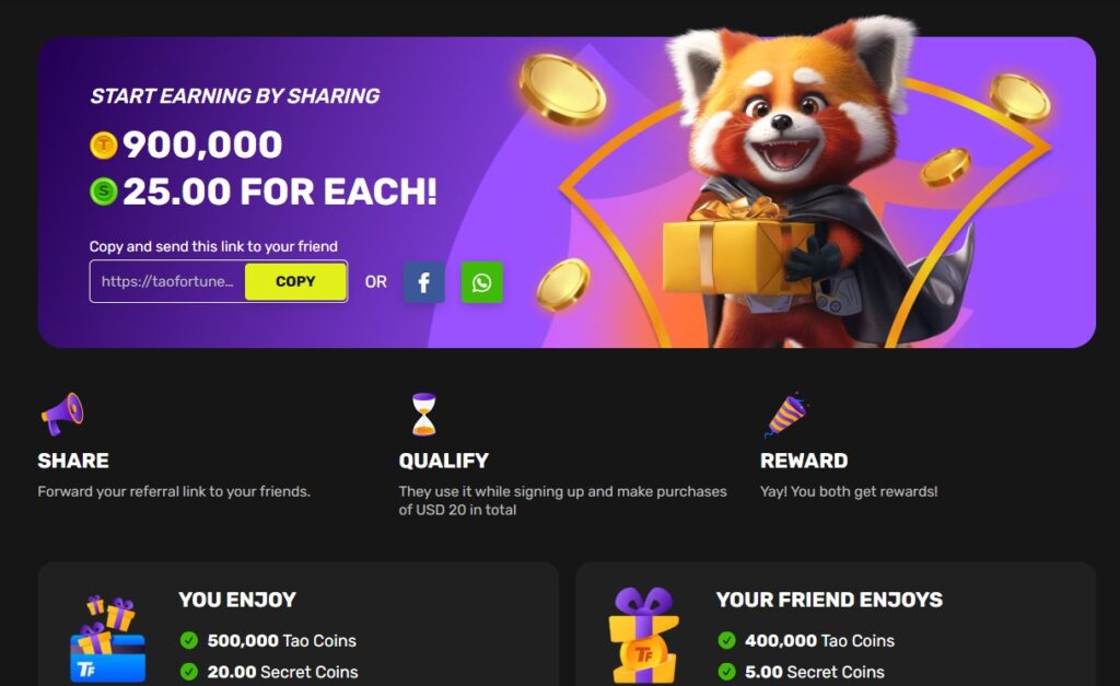 TaoFortune refer a friend bonus