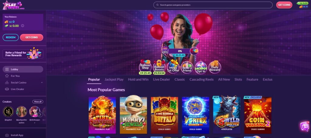 Playfame Casino main page